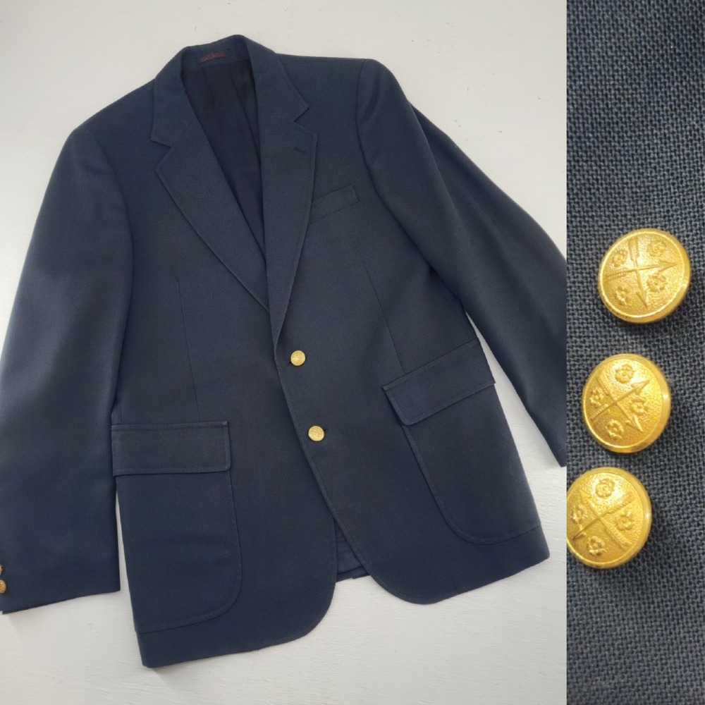English Manor Navy Blue Gold Crest Button Blazer Sport Coat Preppy Mens 40R